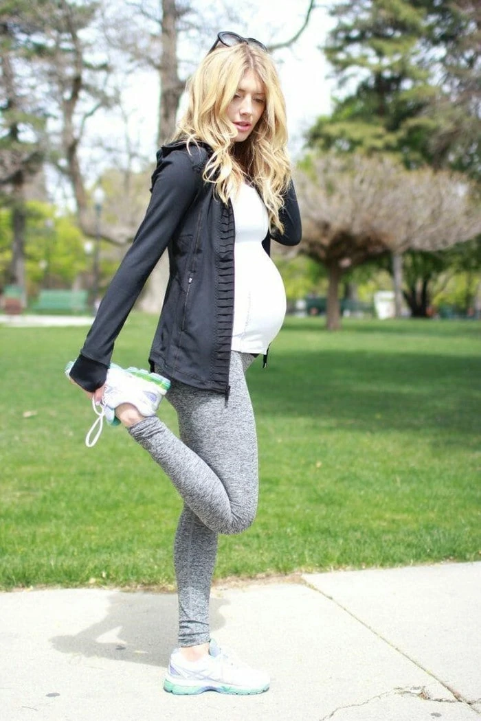 casual fashion for pregnancy- grey pants with white t-shirt